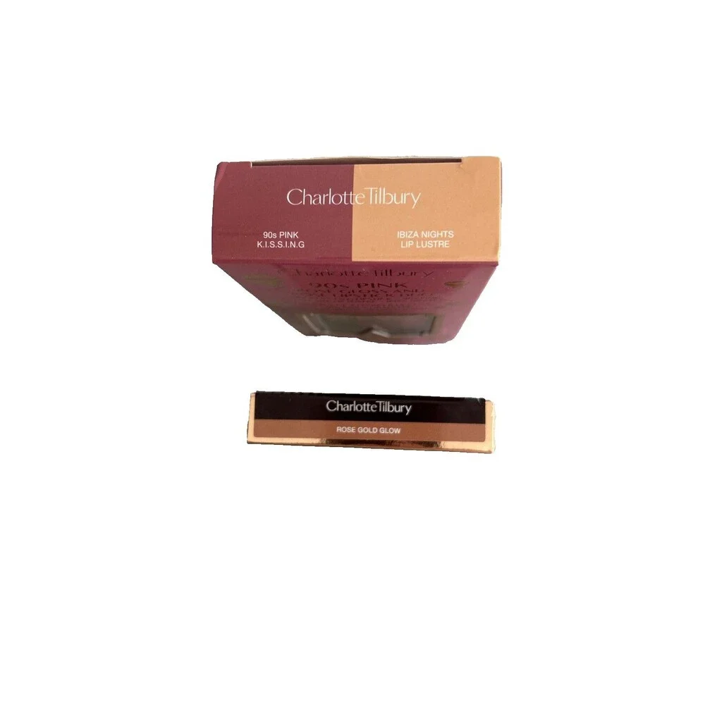 Charlotte Tilbury LOT of 2 Rose Gold Glow Highlighter, 90s Pink Lipstick & Gloss